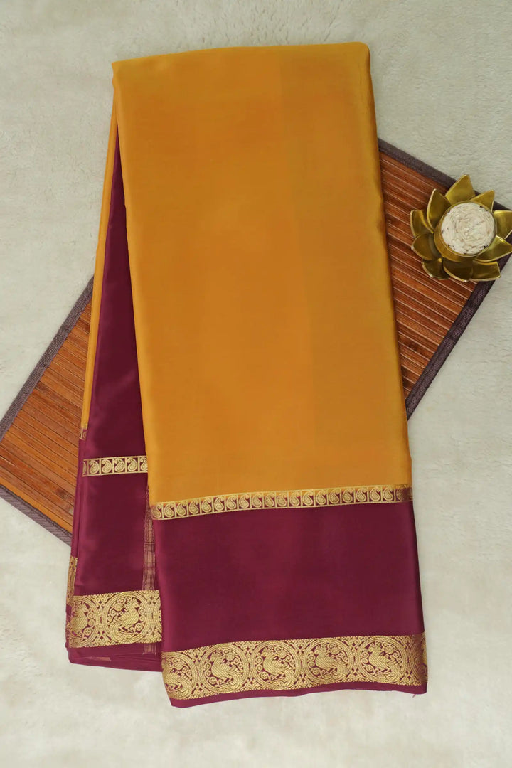 Mustered Yellow Mysore Silk Saree with maroon pallu and gold zari border