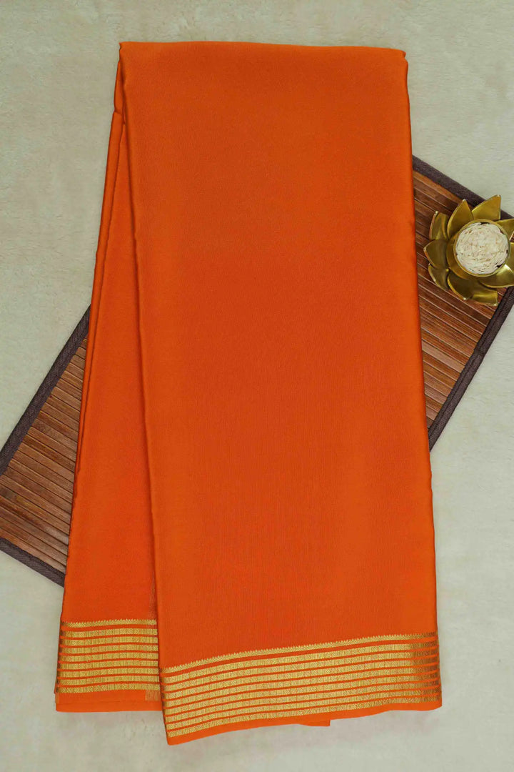 Pure Mysore Silk Saree in Orange Color With Gold Lace Border and Self Orange Blouse