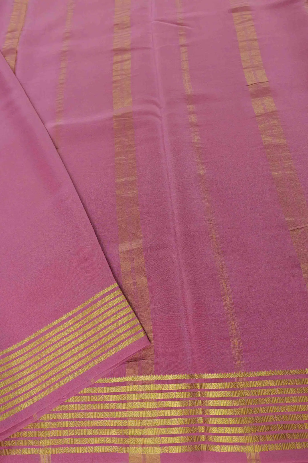 Mysore Silk Saree in Pink Color With Gold Lace Border and Self Pink Blouse