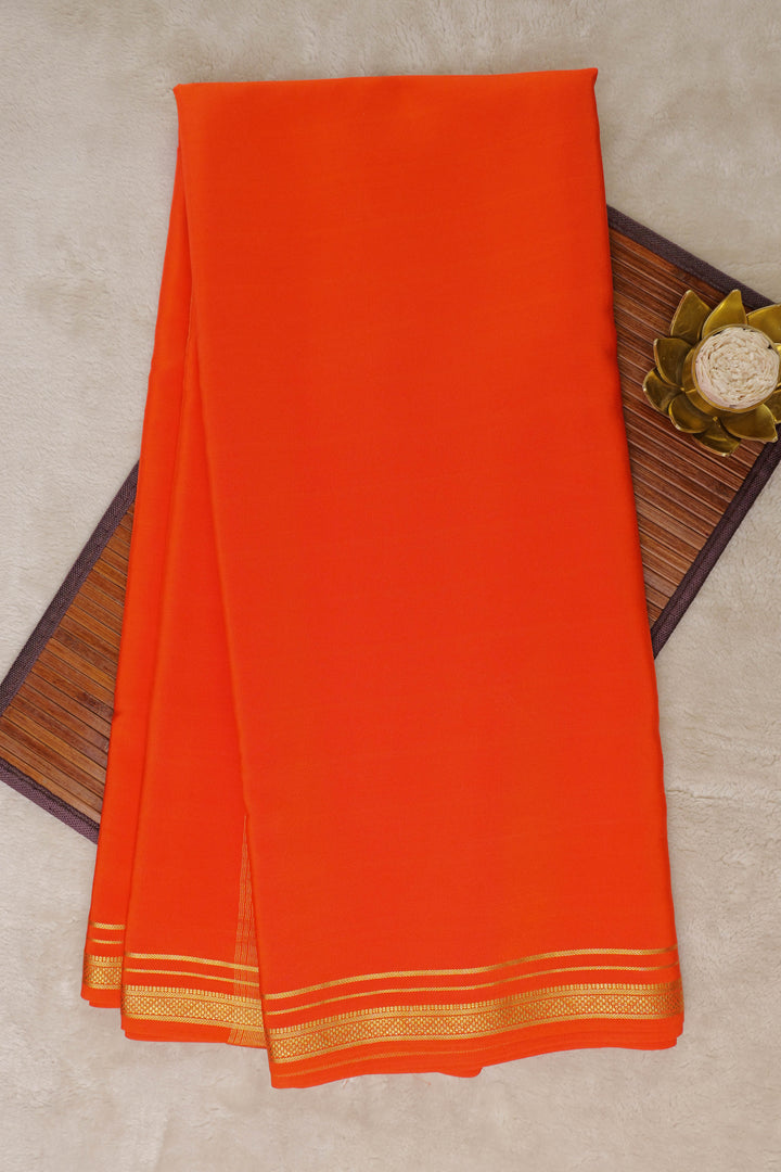 Pure Mysore Silk Saree in Orange Color With Gold Lace Border and Self Blouse-Atharva