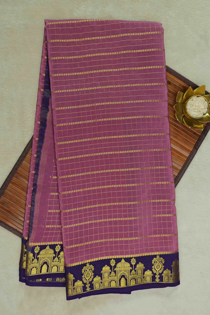 Aramane Border Pure Mysore Silk Saree in Pink and Purple Color with Contrast Purple Blouse