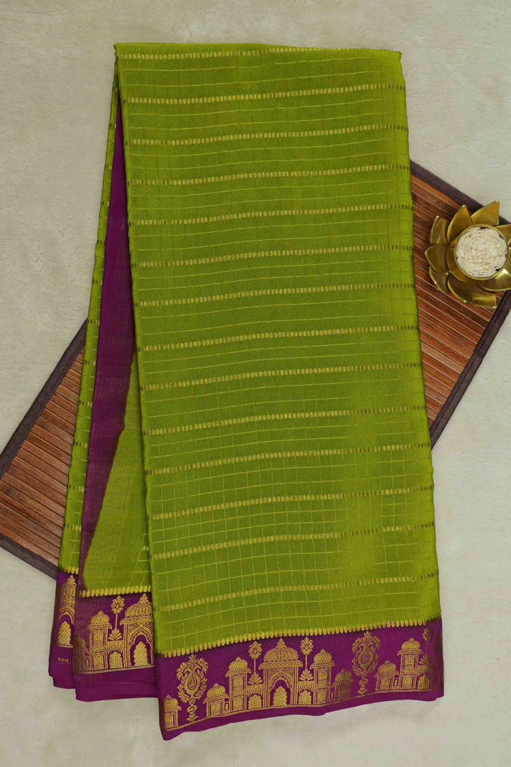 Aramane Border Mysore Silk Saree in Green and Purple Color with Contrast Purple Blouse