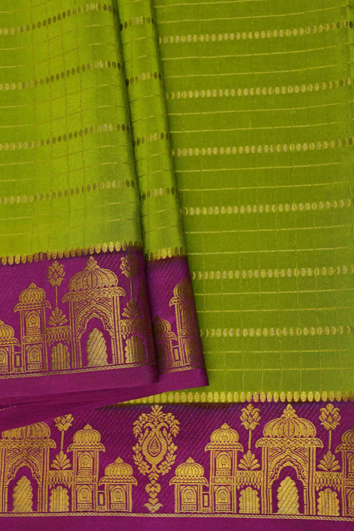 Aramane Border Mysore Silk Saree in Green and Purple Color with Contrast Purple Blouse