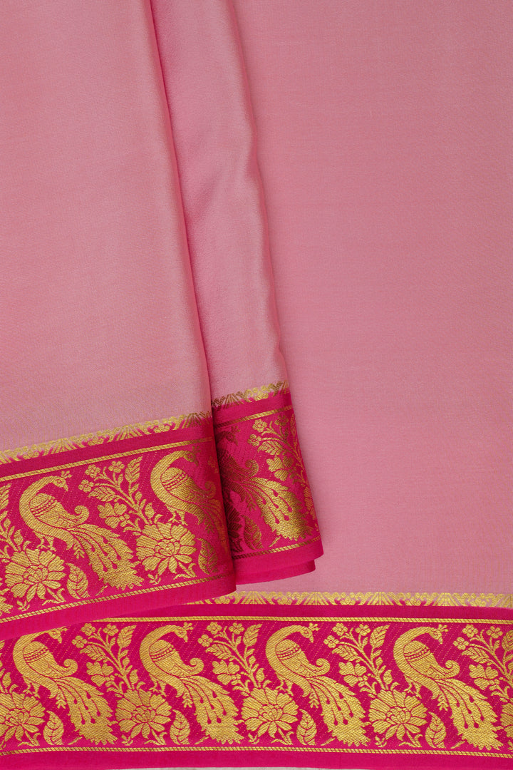 Baby Pink Pure Gold Lace Mysore silk saree with a Pink and Peacock gold border with Contrast Blouse