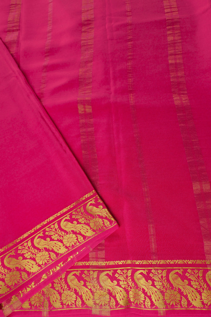 Baby Pink Pure Gold Lace Mysore silk saree with a Pink and Peacock gold border with Contrast Blouse