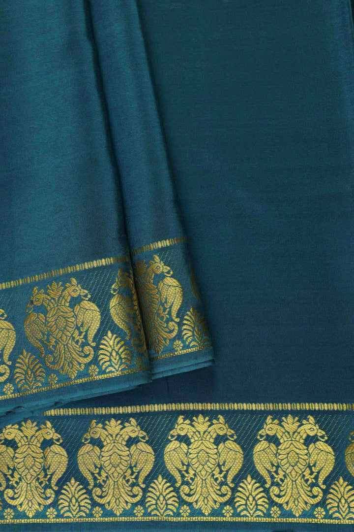 Gandaberunda Border Pure Gold Lace Mysore Silk Saree In Blue Color With Self Blue Color Blouse