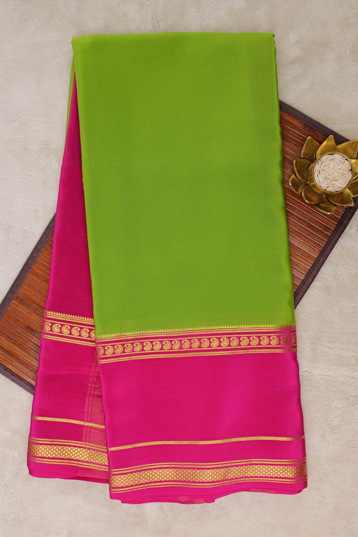 Pure Gold Lace Mysore Silk Saree in Green and Pink with Bentex mango big border and Contrast Blouse