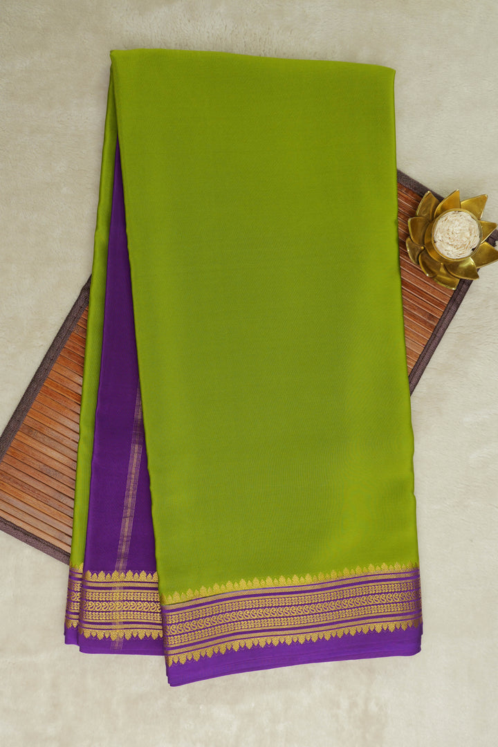 Small Mango Border Mysore Silk Saree in Green Color with Contrast Purple Border and Contrast Blouse