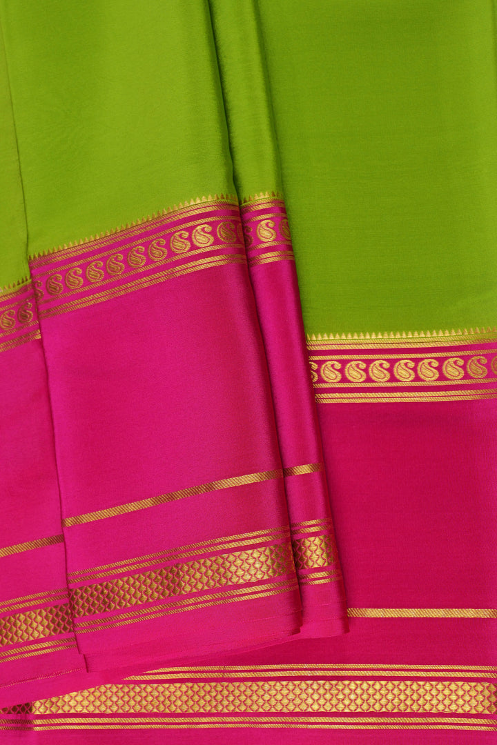Pure Gold Lace Mysore Silk Saree in Green and Pink with Bentex mango big border and Contrast Blouse