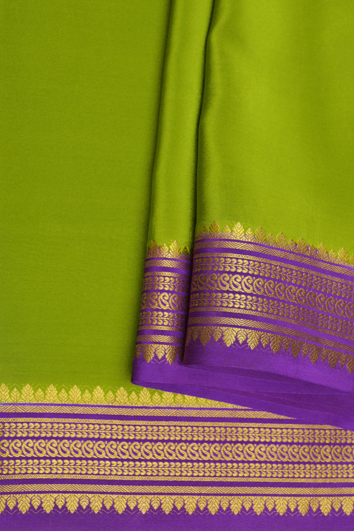 Small Mango Border Mysore Silk Saree in Green Color with Contrast Purple Border and Contrast Blouse