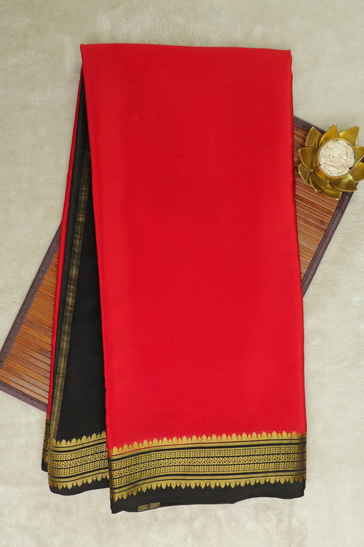 Small Mango Border Pure Mysore Silk Saree in Red Color with Contrast Black Border and Contrast Blouse