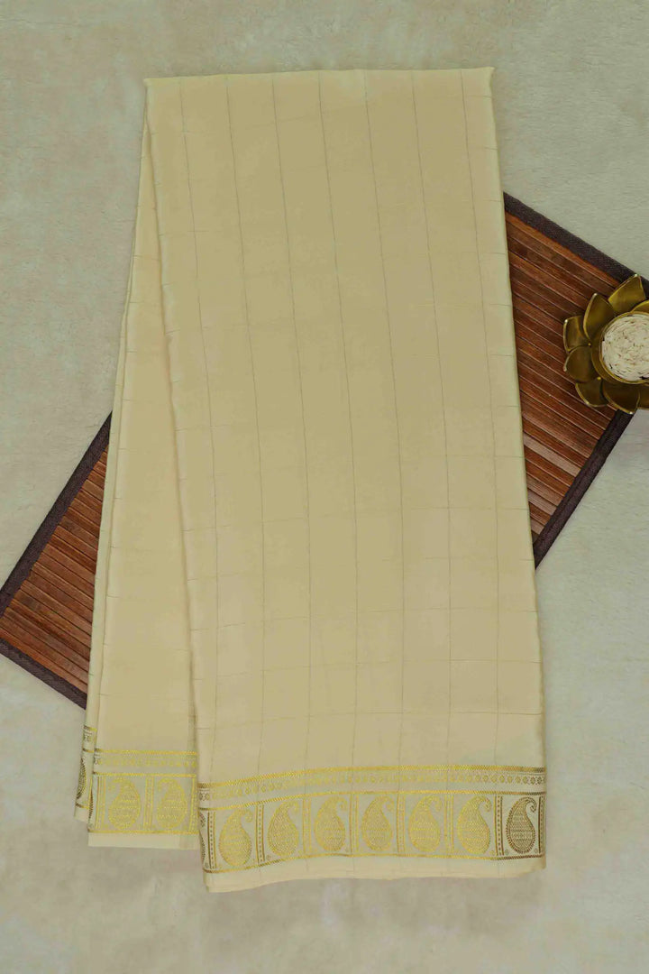 Mango Pattern Gold Lace Pure Mysore Silk Saree in White Color with Self White Blouse Peace