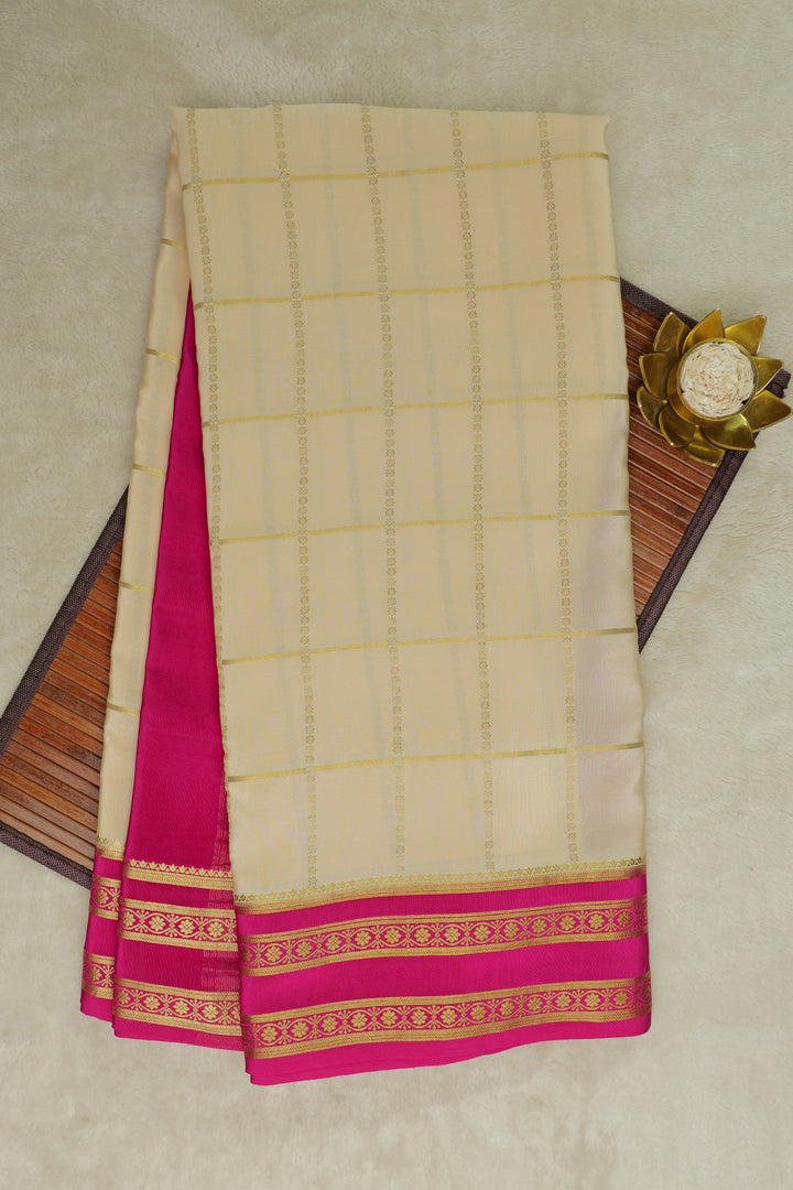 Checks Pattern Pure Mysore Silk Saree in White Color with Contrast Pink Border and Contrast Pink Blouse