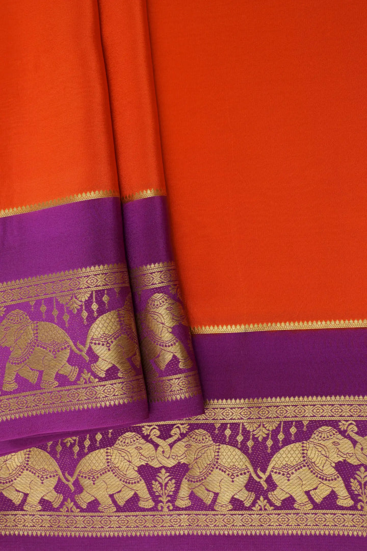 Elephant Border Pure Mysore Silk Saree in Orange and Purple Color with Contrast Purple Blouse