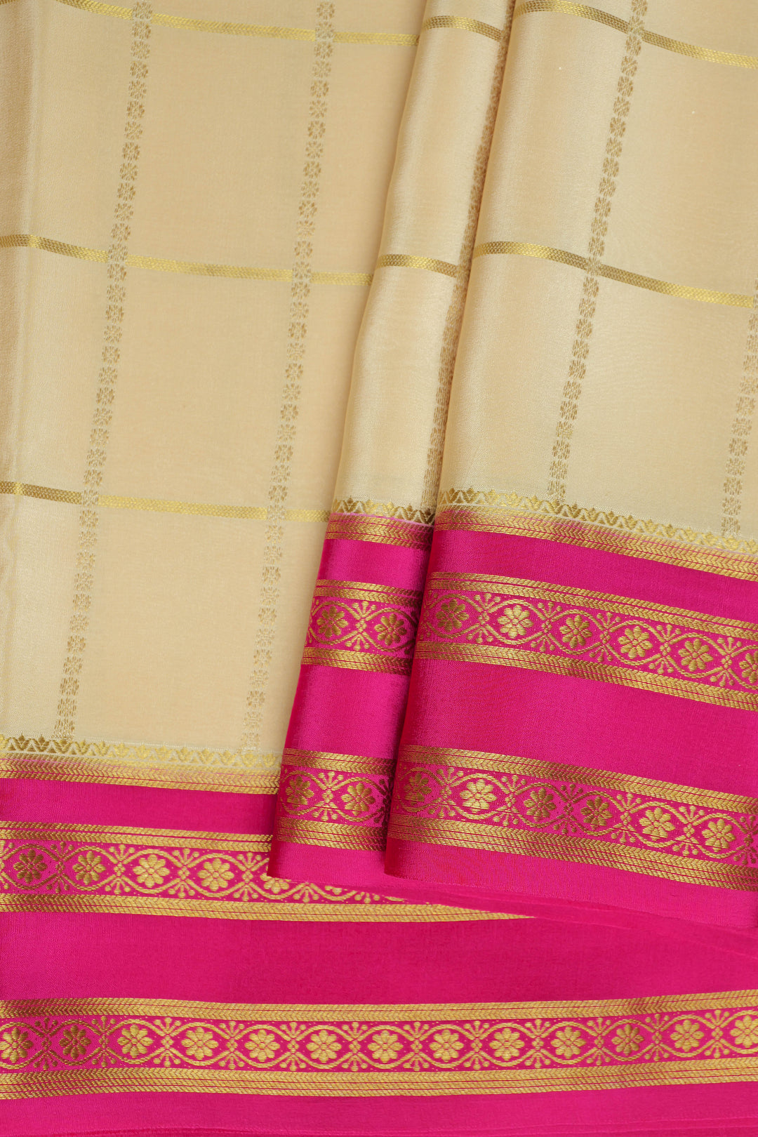 Checks Pattern Pure Mysore Silk Saree in White Color with Contrast Pink Border and Contrast Pink Blouse