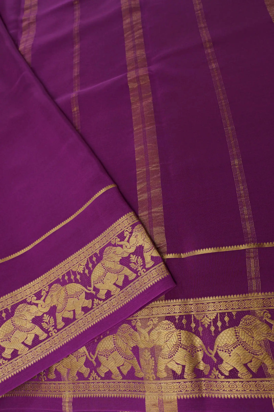 Elephant Border Pure Mysore Silk Saree in Orange and Purple Color with Contrast Purple Blouse