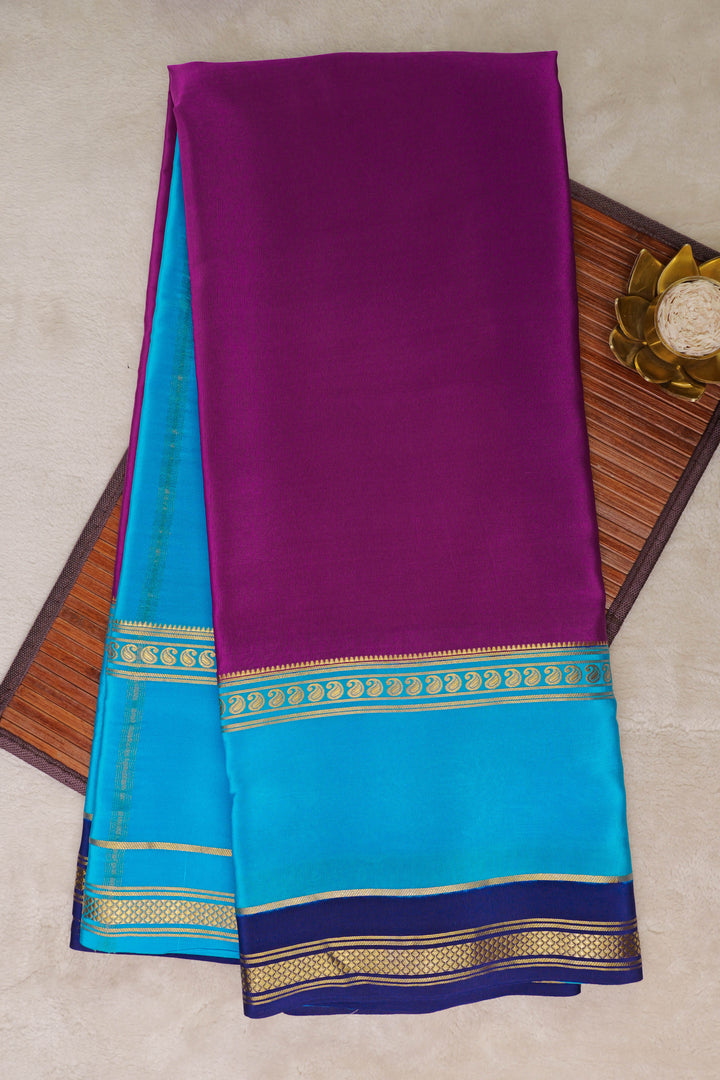 Purple and Sky Blue Color Pure 3D Gold Lace Mysore Silk Saree with Bentex mango big border and Contrast Blouse