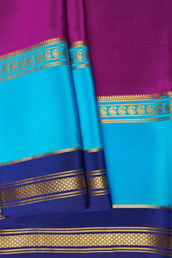 Purple and Sky Blue Color Pure 3D Gold Lace Mysore Silk Saree with Bentex mango big border and Contrast Blouse