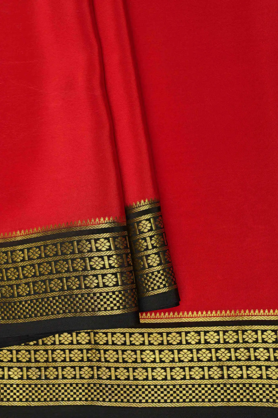 Flowers Gold Lace Border Mysore Silk Saree In Red and Sky Black Color With Contrast Black Blouse