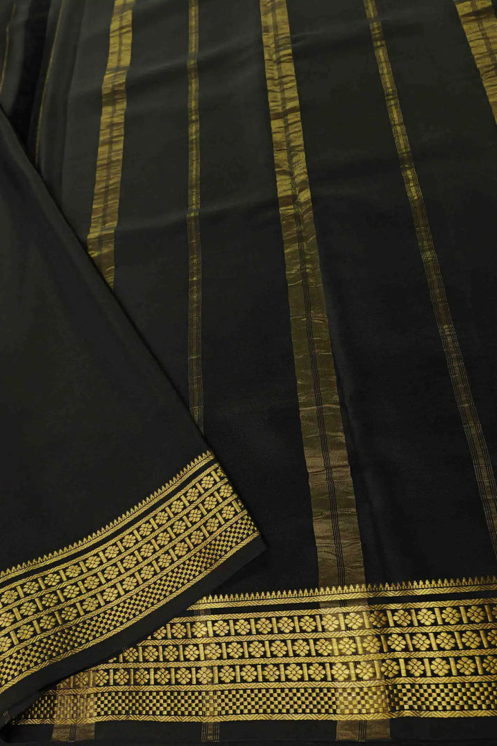 Flowers Gold Lace Border Mysore Silk Saree In Red and Sky Black Color With Contrast Black Blouse