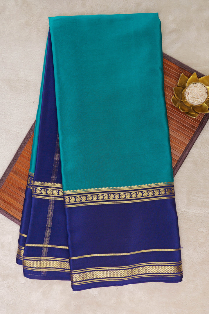 Rama Blue and Royal Blue Color Pure Gold Lace Mysore Silk Saree with Bentex mango big border and Contrast Blouse