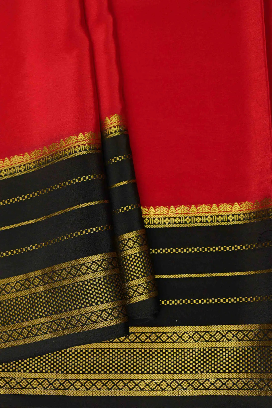 Gold Lace Big Border Mysore Silk Saree in Red and Black Color with Contrast Black Blouse Peace