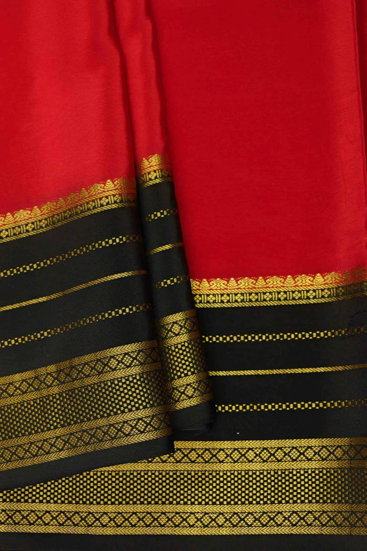Gold Lace Big Border Mysore Silk Saree in Red and Black Color with Contrast Black Blouse Peace