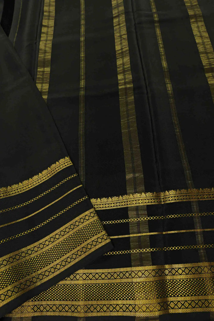 Gold Lace Big Border Mysore Silk Saree in Red and Black Color with Contrast Black Blouse Peace