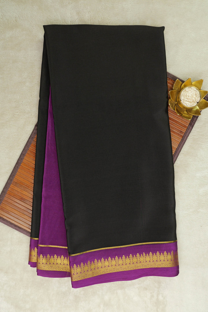 Pure Mysore Silk Saree in Black color with Contrast Purple Border and Contrast Purple Blouse