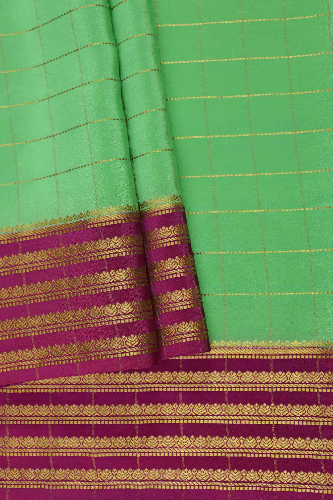 Big Gold Lace border Pure Mysore Silk Saree in Green and Maroon Color with Contrast Maroon Blouse