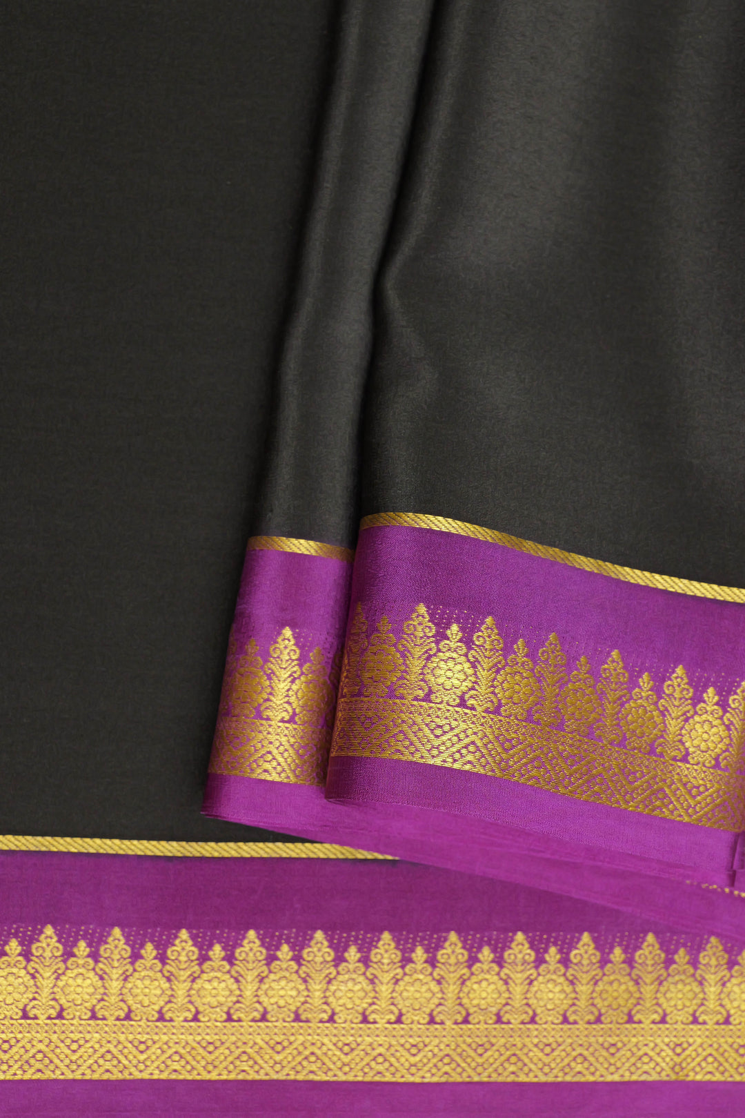 Pure Mysore Silk Saree in Black color with Contrast Purple Border and Contrast Purple Blouse