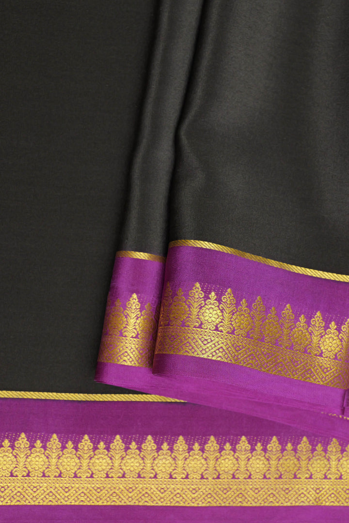 Pure Mysore Silk Saree in Black color with Contrast Purple Border and Contrast Purple Blouse