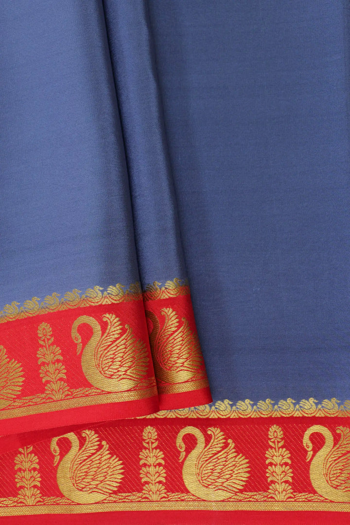 Swan Border Pure Mysore Silk Saree in Grey and Red Color with Contrast Red Color Blouse