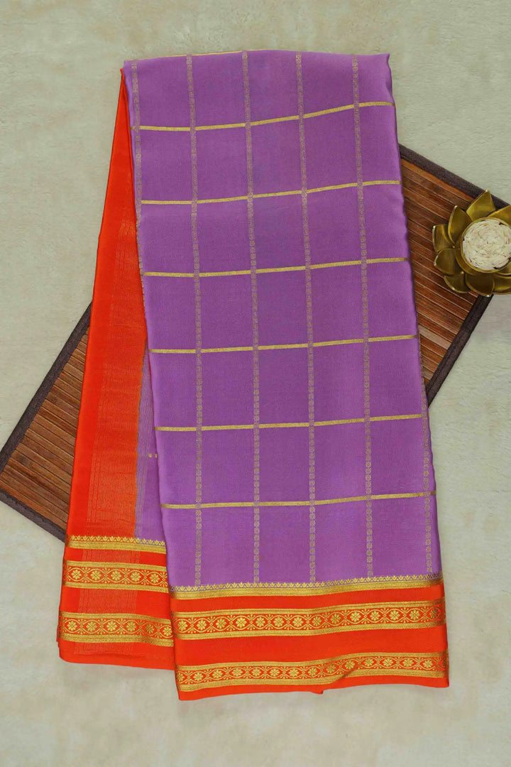 Big checks bentex border Mysore Silk Saree in Purple and Orange Color with Contrast Orange Blouse