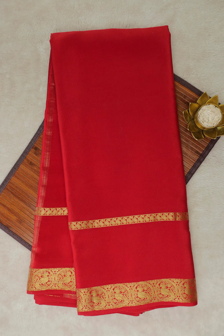 Bentex Peacock Border Pure Mysore Silk Saree in Red Color with Self Red Color Blouse