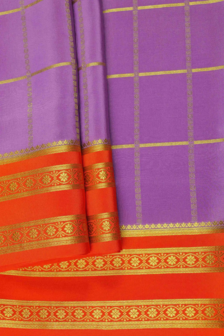 Big checks bentex border Mysore Silk Saree in Purple and Orange Color with Contrast Orange Blouse