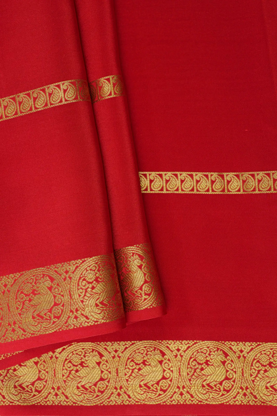Bentex Peacock Border Pure Mysore Silk Saree in Red Color with Self Red Color Blouse