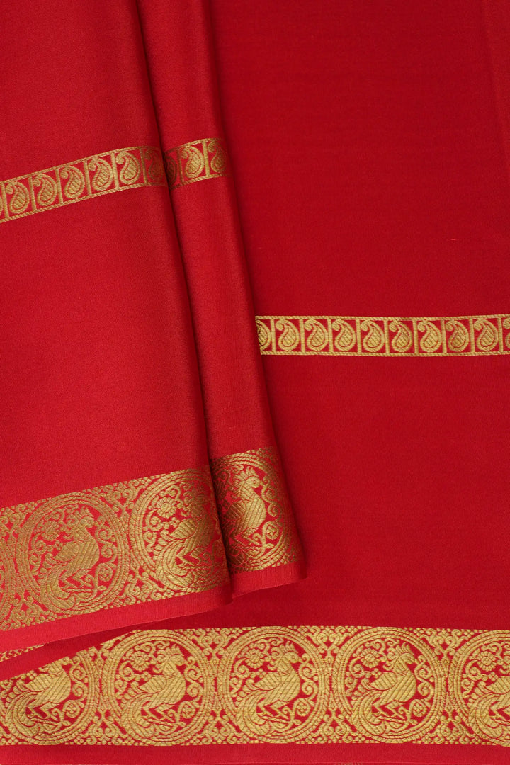 Bentex Peacock Border Pure Mysore Silk Saree in Red Color with Self Red Color Blouse