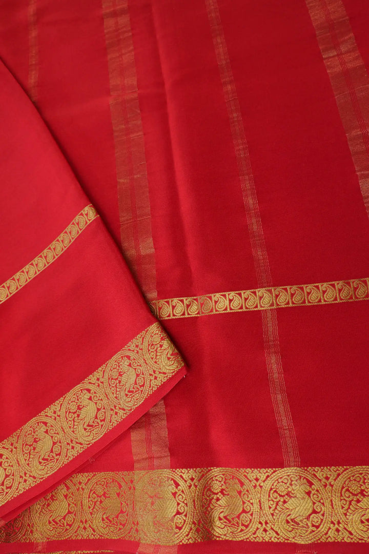 Bentex Peacock Border Pure Mysore Silk Saree in Red Color with Self Red Color Blouse