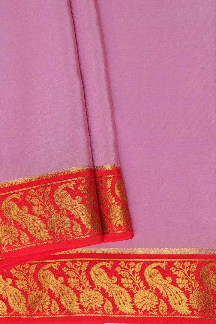 Pink Pure Gold Lace Mysore silk saree with a red and Peacock gold border with Contrast Blouse