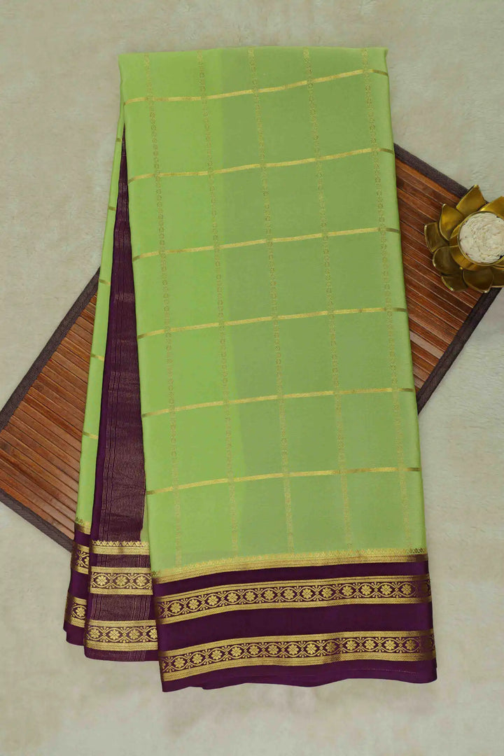 Big checks bentex border Mysore Silk Saree in Green and Purple Color with Contrast Purple Blouse