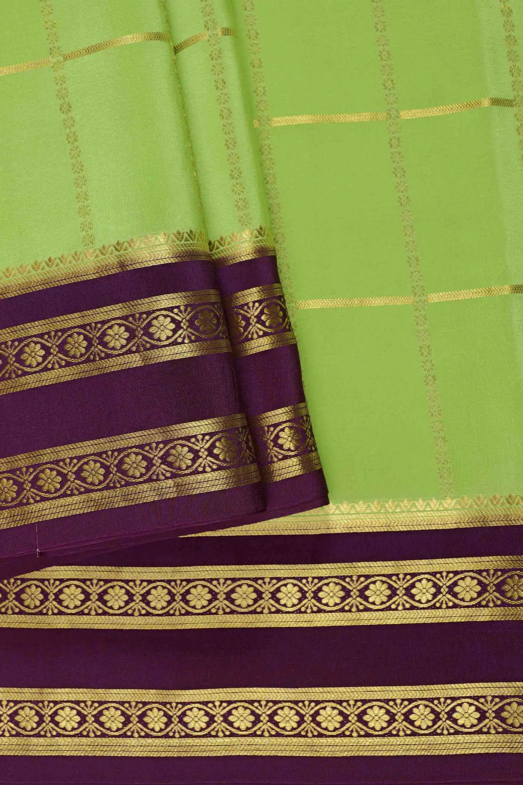 Big checks bentex border Mysore Silk Saree in Green and Purple Color with Contrast Purple Blouse