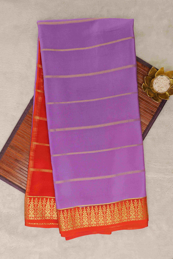 Thene Border Pure Gold Lace Mysore Silk Saree in Purple and Orange Color with Contrast Blouse