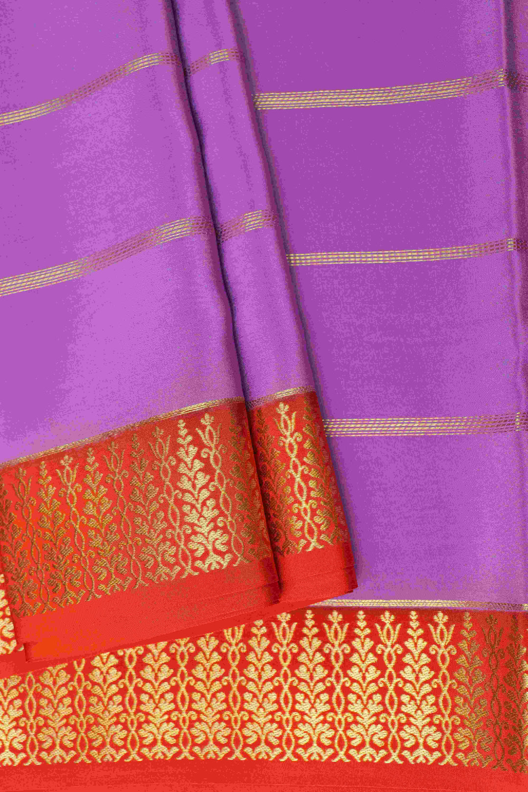 Thene Border Pure Gold Lace Mysore Silk Saree in Purple and Orange Color with Contrast Blouse