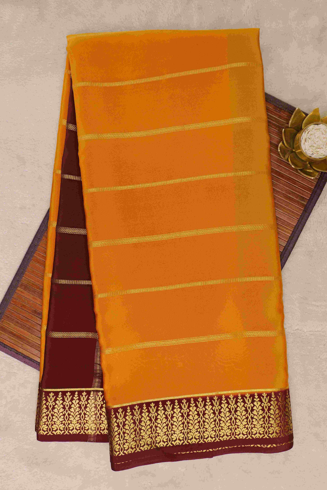 Thene Border Pure Gold Lace Mysore Silk Saree in Yellow and Maroon Color with Contrast Blouse