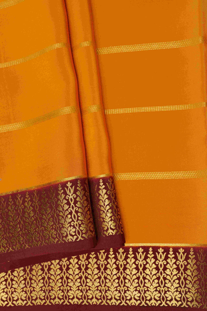 Thene Border Pure Gold Lace Mysore Silk Saree in Yellow and Maroon Color with Contrast Blouse