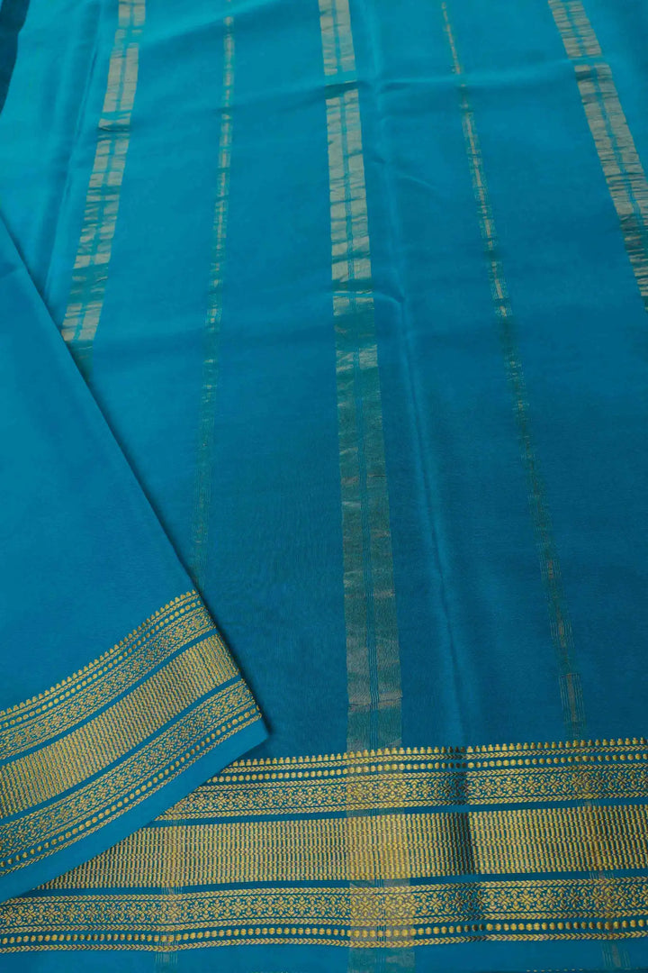 Gatti Border Pure Gold Lace Mysore Silk Saree in Teal Blue Color with Self Teal Blue color Blouse
