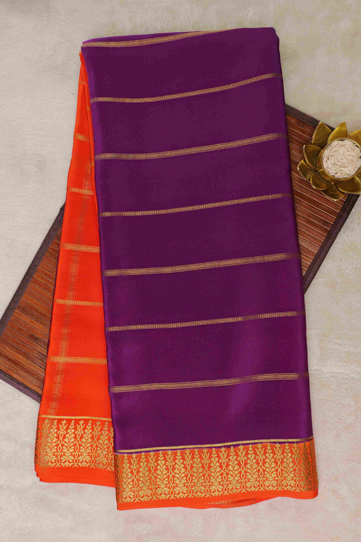 Thene Border Pure Gold Lace Mysore Silk Saree in Purple and Orange Color with Contrast Blouse