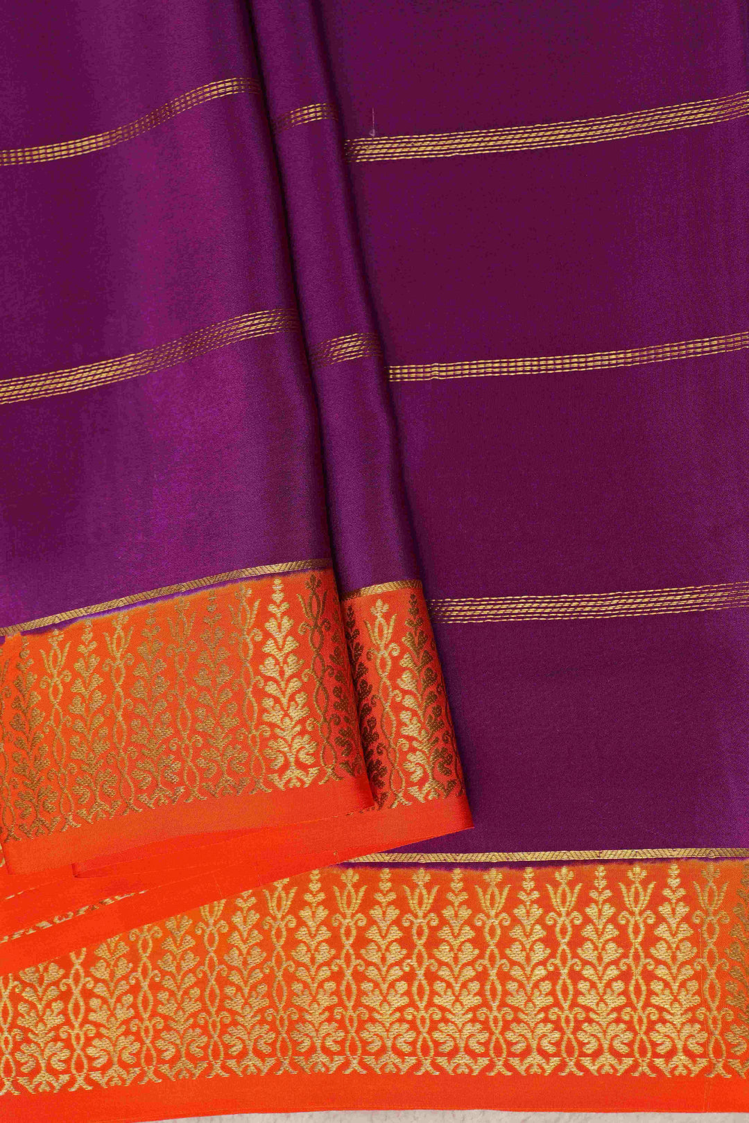 Thene Border Pure Gold Lace Mysore Silk Saree in Purple and Orange Color with Contrast Blouse
