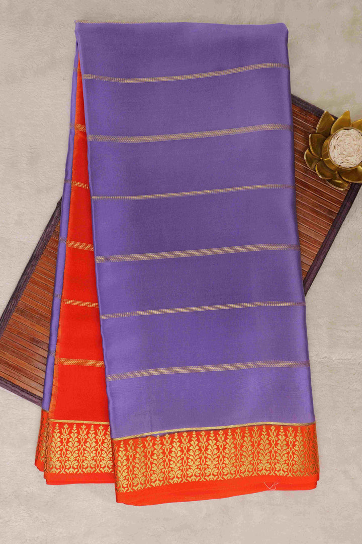 Thene Border Pure Gold Lace Mysore Silk Saree in Purple and Orange Color with Contrast Blouse